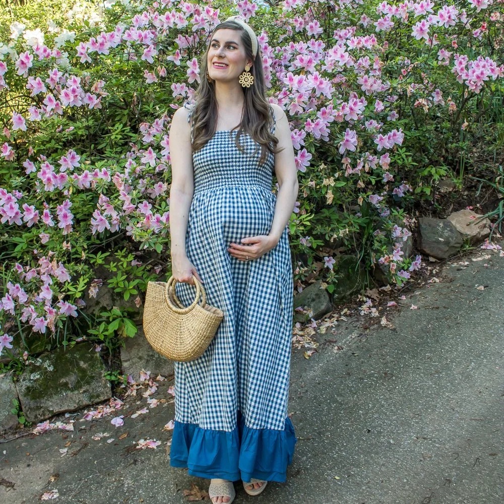 Blue Gingham Maternity Maxi Dress with Ruffle Hem